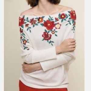 Umgee Off Shoulder Top Embroidered Flowers Dolman Waffle Knit Southern Boho